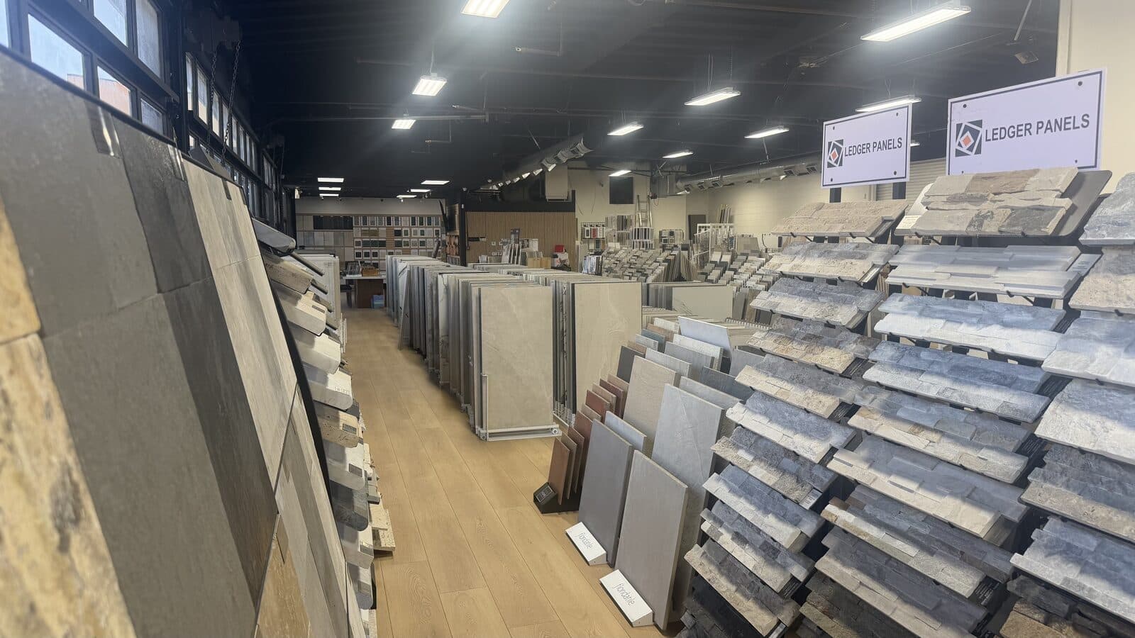 Natural stone slabs on display